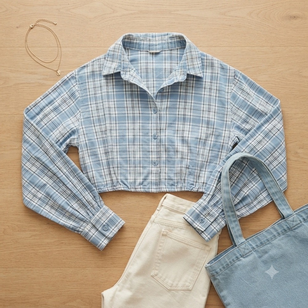 Sans Souci Cropped Shirt Women Small Blue Plaid Cotton Long Sleeve Preppy